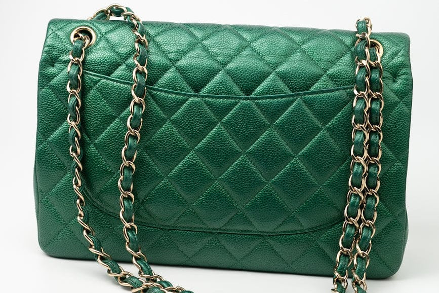 CHANEL Handbag 18S Emerald Green Caviar Quilted Classic Flap Jumbo Light Gold Hardware - Redeluxe
