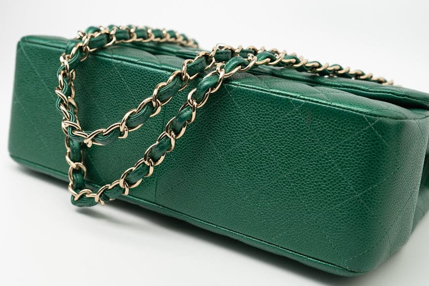 CHANEL Handbag 18S Emerald Green Caviar Quilted Classic Flap Jumbo Light Gold Hardware - Redeluxe
