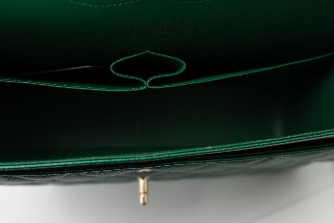 CHANEL Handbag 18S Emerald Green Caviar Quilted Classic Flap Jumbo Light Gold Hardware - Redeluxe