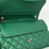 CHANEL Handbag 18S Emerald Green Caviar Quilted Classic Flap Jumbo Light Gold Hardware - Redeluxe