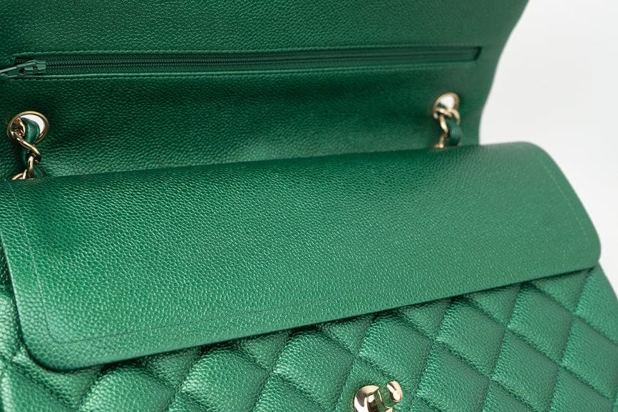 CHANEL Handbag 18S Emerald Green Caviar Quilted Classic Flap Jumbo Light Gold Hardware - Redeluxe