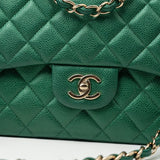 CHANEL Handbag 18S Emerald Green Caviar Quilted Classic Flap Jumbo Light Gold Hardware - Redeluxe