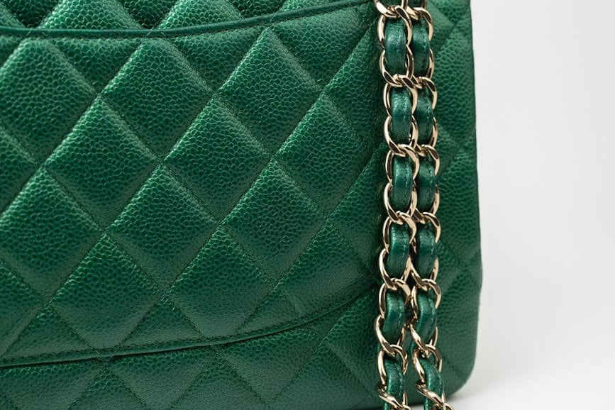 CHANEL Handbag 18S Emerald Green Caviar Quilted Classic Flap Jumbo Light Gold Hardware - Redeluxe