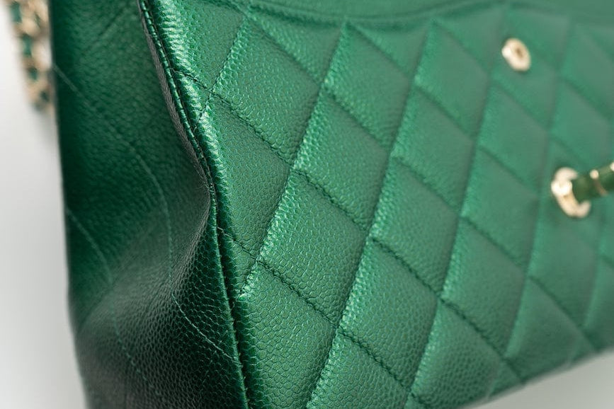 CHANEL Handbag 18S Emerald Green Caviar Quilted Classic Flap Jumbo Light Gold Hardware - Redeluxe