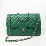 CHANEL Handbag 18S Emerald Green Caviar Quilted Classic Flap Jumbo Light Gold Hardware - Redeluxe