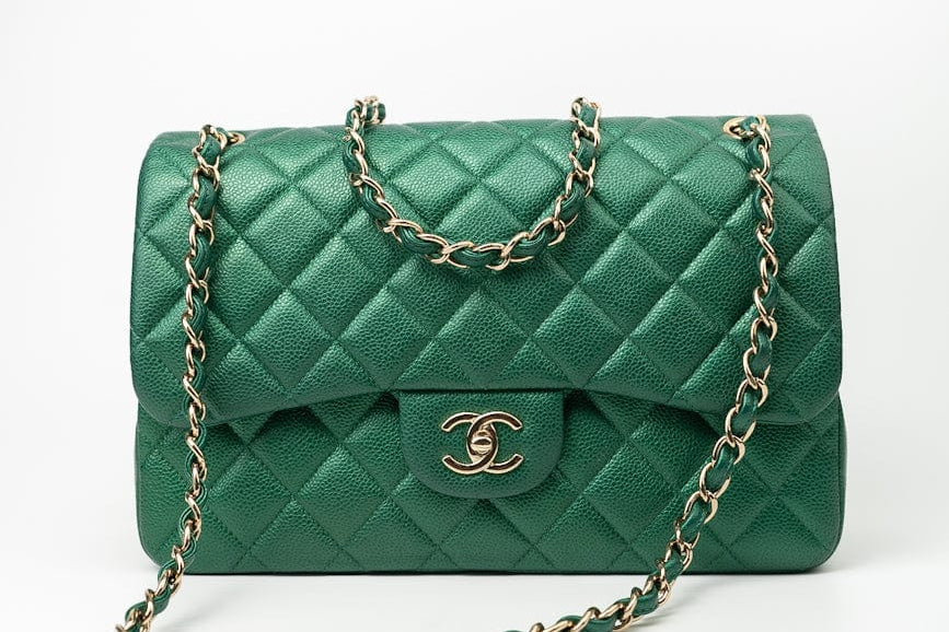 CHANEL Handbag 18S Emerald Green Caviar Quilted Classic Flap Jumbo Light Gold Hardware - Redeluxe