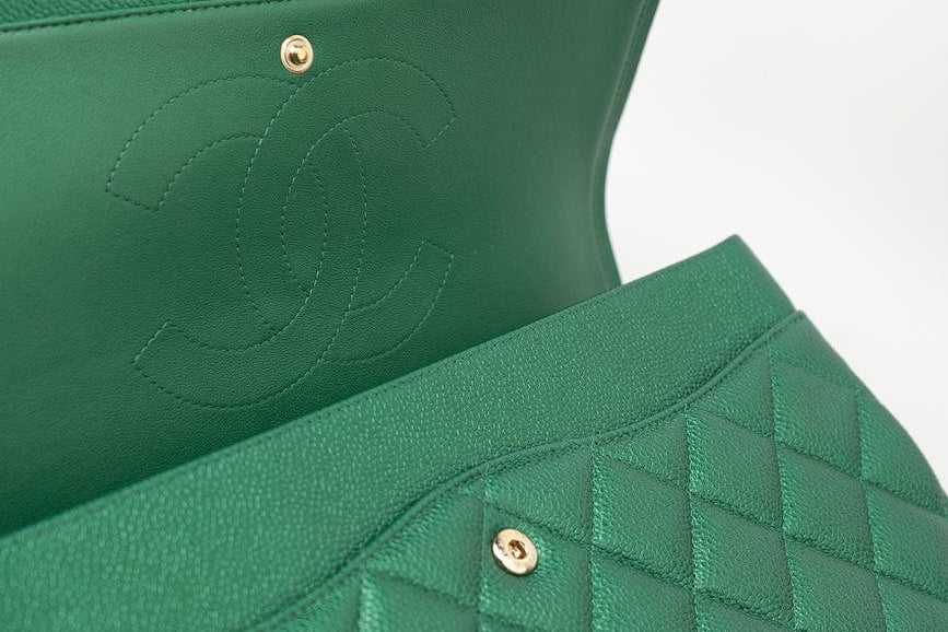 CHANEL Handbag 18S Emerald Green Caviar Quilted Classic Flap Jumbo Light Gold Hardware - Redeluxe