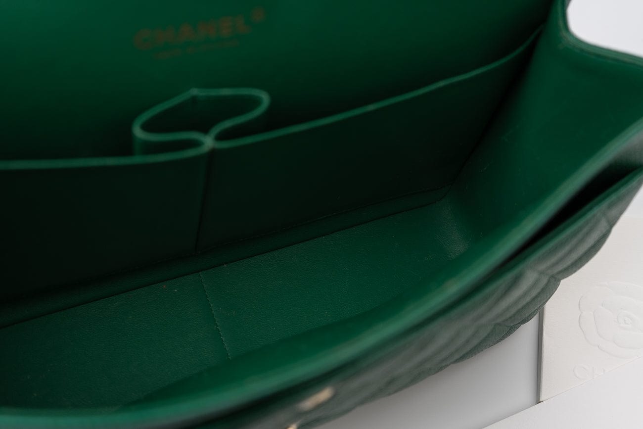 CHANEL Handbag 18S Emerald Green Caviar Quilted Classic Flap Jumbo Light Gold Hardware - Redeluxe