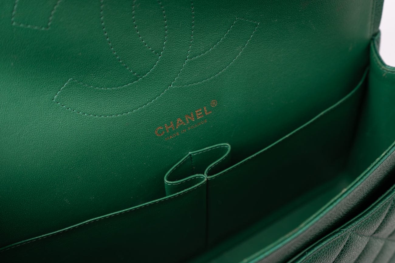 CHANEL Handbag 18S Emerald Green Caviar Quilted Classic Flap Jumbo Light Gold Hardware - Redeluxe