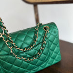 CHANEL Handbag 18S Emerald Green Caviar Quilted Classic Flap Medium Light Gold Hardware - Redeluxe