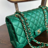 CHANEL Handbag 18S Emerald Green Caviar Quilted Classic Flap Medium Light Gold Hardware - Redeluxe