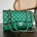 CHANEL Handbag 18S Emerald Green Caviar Quilted Classic Flap Medium Light Gold Hardware - Redeluxe