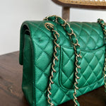 CHANEL Handbag 18S Emerald Green Caviar Quilted Classic Flap Medium Light Gold Hardware - Redeluxe