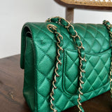 CHANEL Handbag 18S Emerald Green Caviar Quilted Classic Flap Medium Light Gold Hardware - Redeluxe