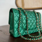 CHANEL Handbag 18S Emerald Green Caviar Quilted Classic Flap Medium Light Gold Hardware - Redeluxe