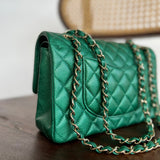 CHANEL Handbag 18S Emerald Green Caviar Quilted Classic Flap Medium Light Gold Hardware - Redeluxe