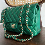 CHANEL Handbag 18S Emerald Green Caviar Quilted Classic Flap Medium Light Gold Hardware - Redeluxe