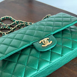 CHANEL Handbag 18S Emerald Green Caviar Quilted Classic Flap Medium Light Gold Hardware - Redeluxe