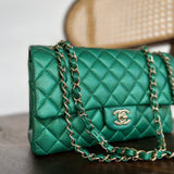 CHANEL Handbag 18S Emerald Green Caviar Quilted Classic Flap Medium Light Gold Hardware - Redeluxe