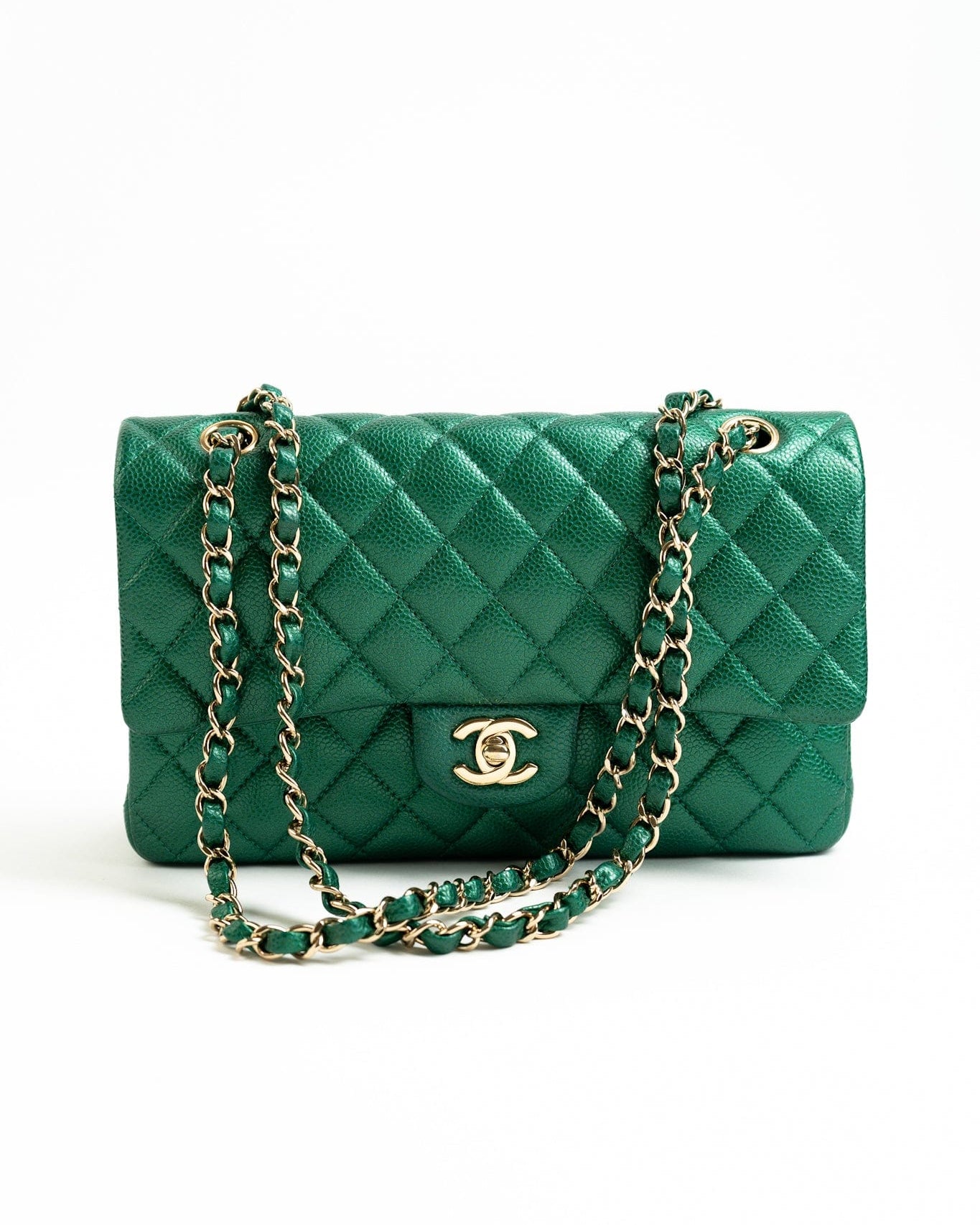 CHANEL Handbag 18S Emerald Green Caviar Quilted Classic Flap Medium Light Gold Hardware - Redeluxe