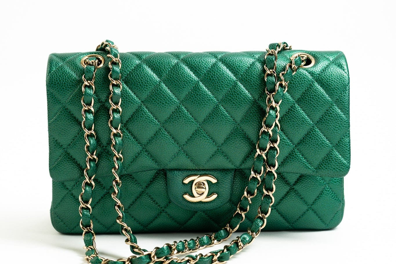 CHANEL Handbag 18S Emerald Green Caviar Quilted Classic Flap Medium Light Gold Hardware - Redeluxe