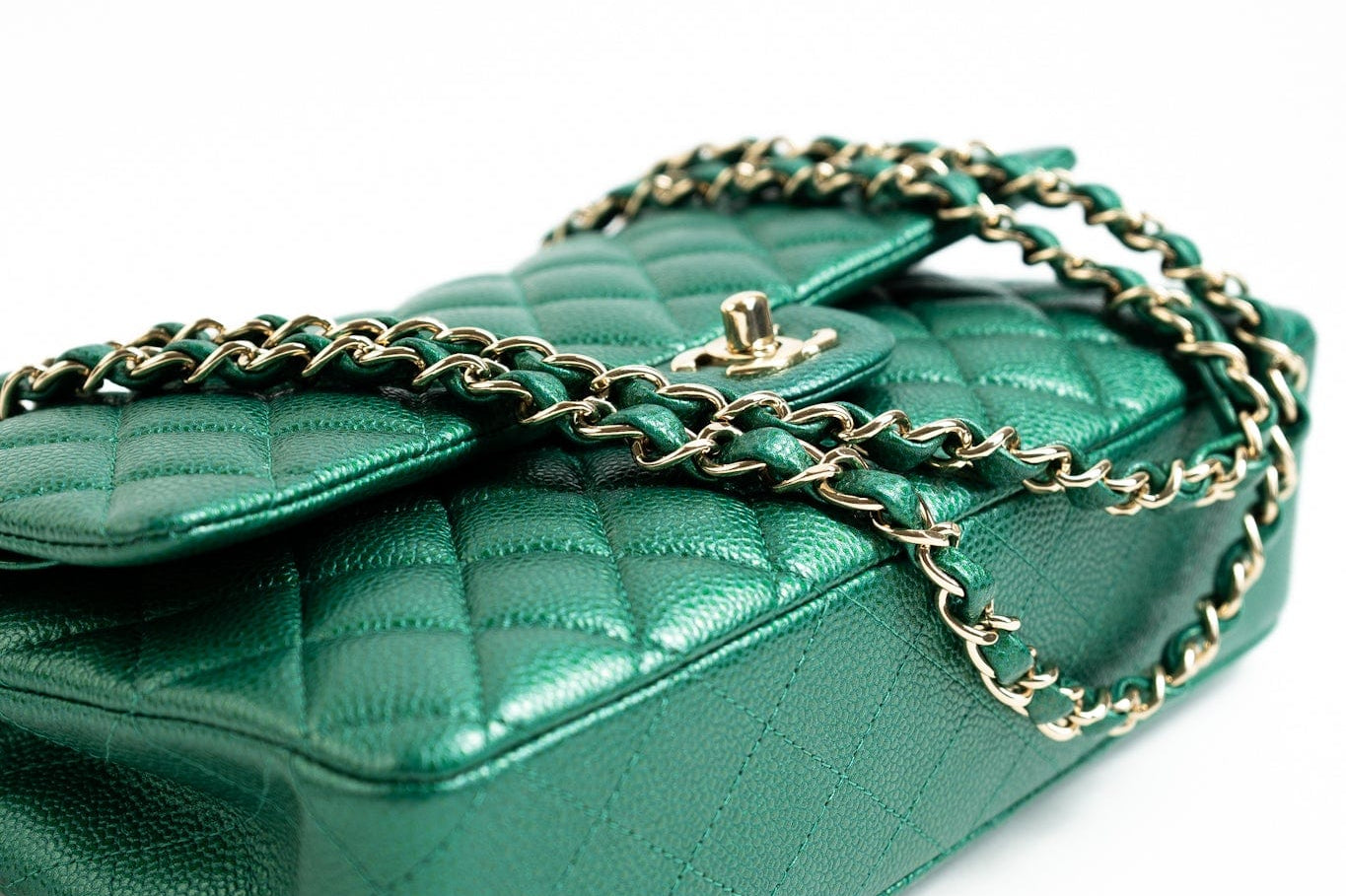CHANEL Handbag 18S Emerald Green Caviar Quilted Classic Flap Medium Light Gold Hardware - Redeluxe