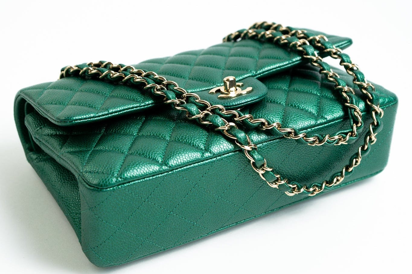 CHANEL Handbag 18S Emerald Green Caviar Quilted Classic Flap Medium Light Gold Hardware - Redeluxe