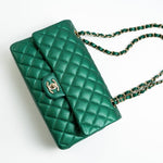 CHANEL Handbag 18S Emerald Green Caviar Quilted Classic Flap Medium Light Gold Hardware - Redeluxe