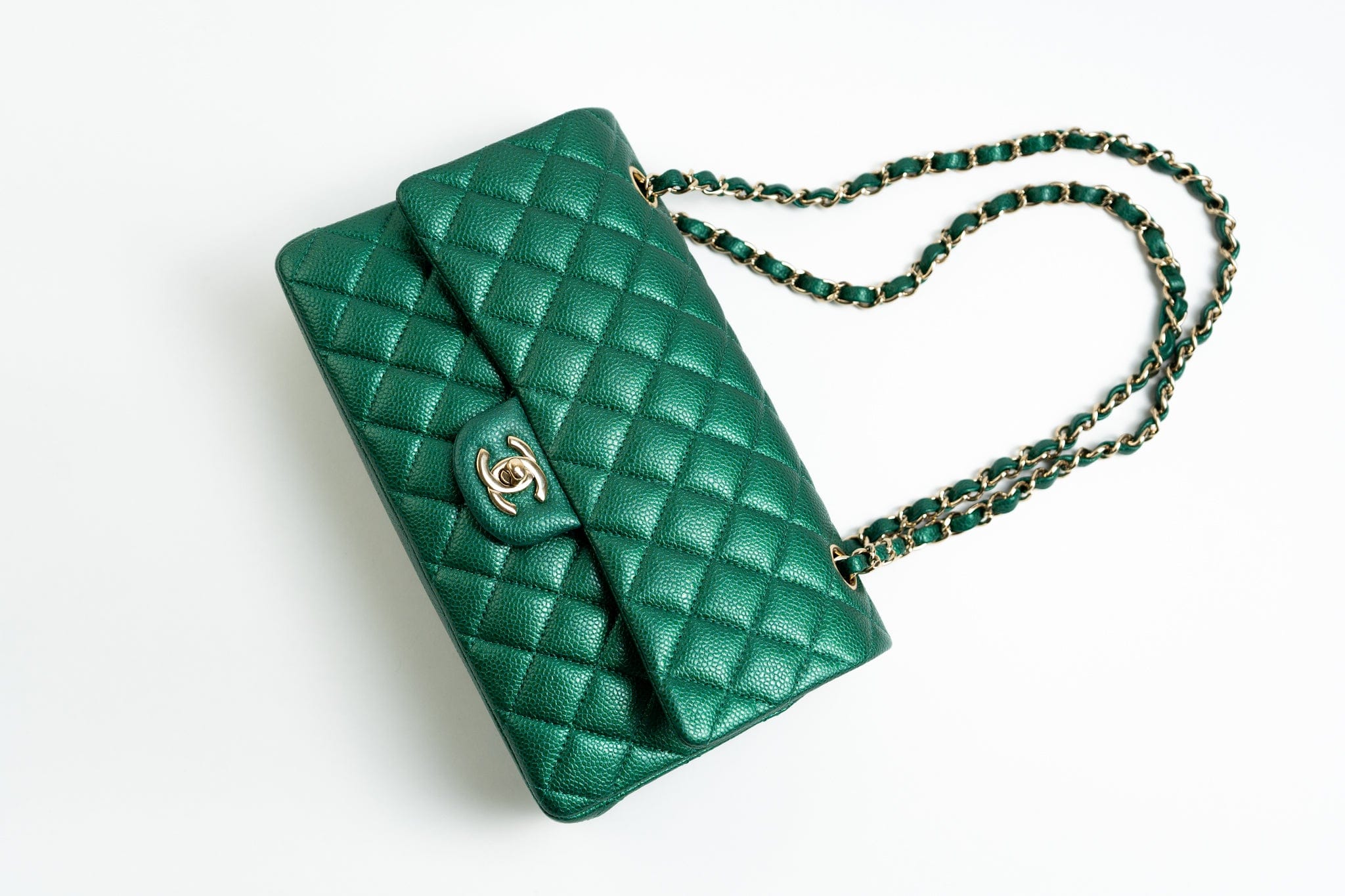 CHANEL Handbag 18S Emerald Green Caviar Quilted Classic Flap Medium Light Gold Hardware - Redeluxe