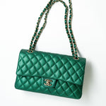 CHANEL Handbag 18S Emerald Green Caviar Quilted Classic Flap Medium Light Gold Hardware - Redeluxe