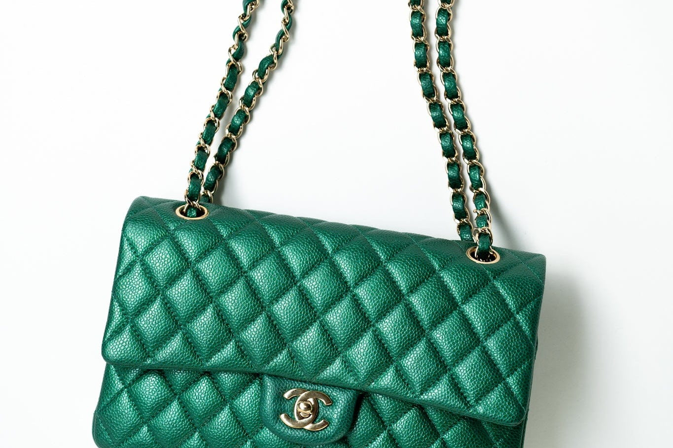 CHANEL Handbag 18S Emerald Green Caviar Quilted Classic Flap Medium Light Gold Hardware - Redeluxe