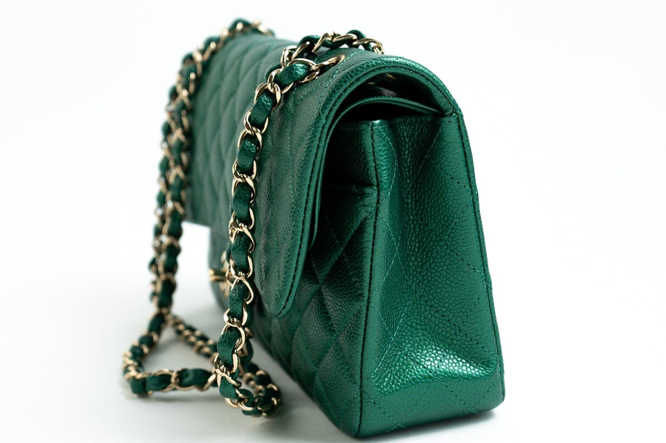 CHANEL Handbag 18S Emerald Green Caviar Quilted Classic Flap Medium Light Gold Hardware - Redeluxe