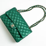 CHANEL Handbag 18S Emerald Green Caviar Quilted Classic Flap Medium Light Gold Hardware - Redeluxe