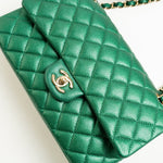 CHANEL Handbag 18S Emerald Green Caviar Quilted Classic Flap Medium Light Gold Hardware - Redeluxe