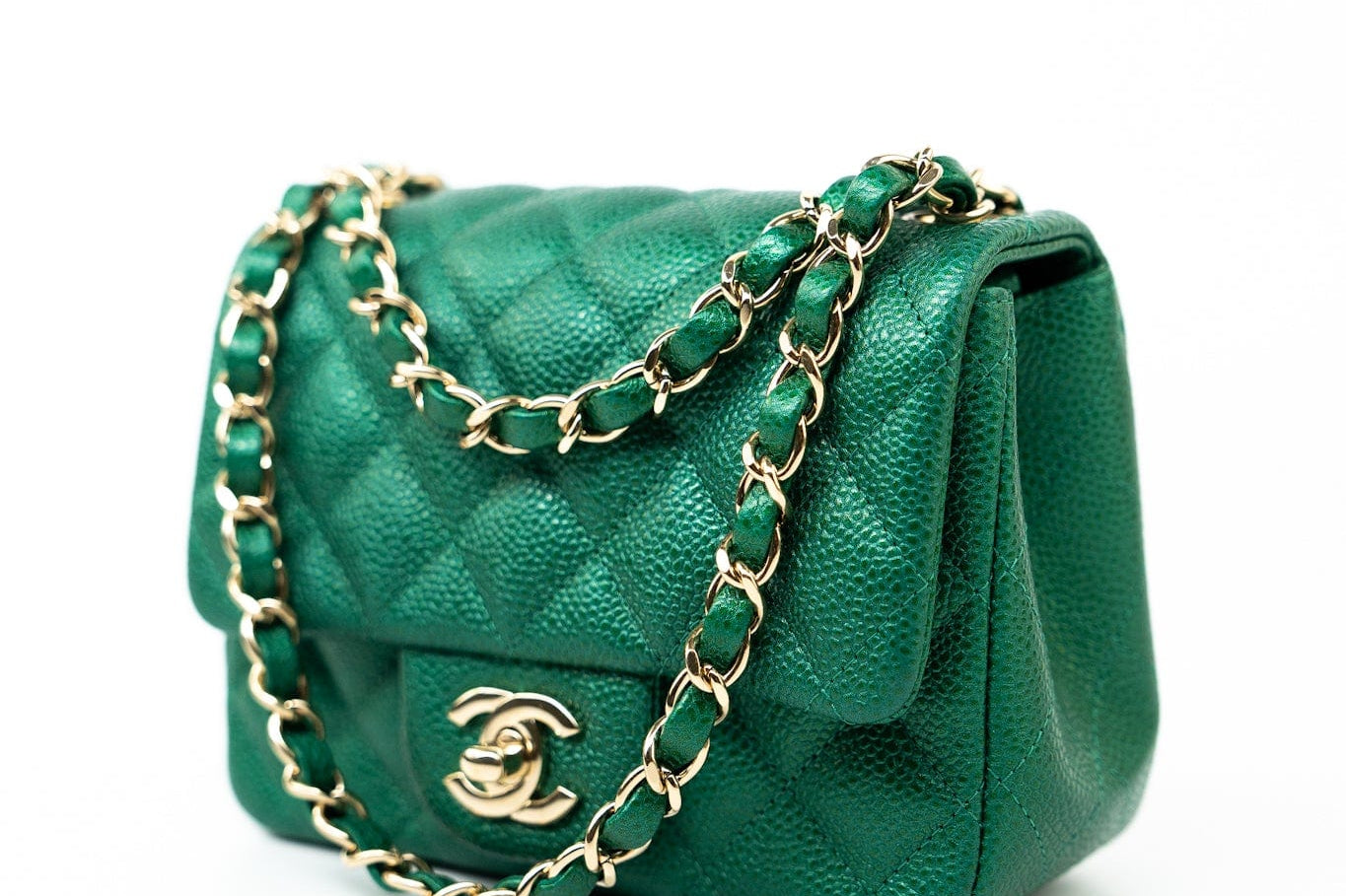 CHANEL Handbag 18S Emerald Green Caviar Quilted Mini Square Light Gold Hardware - Redeluxe