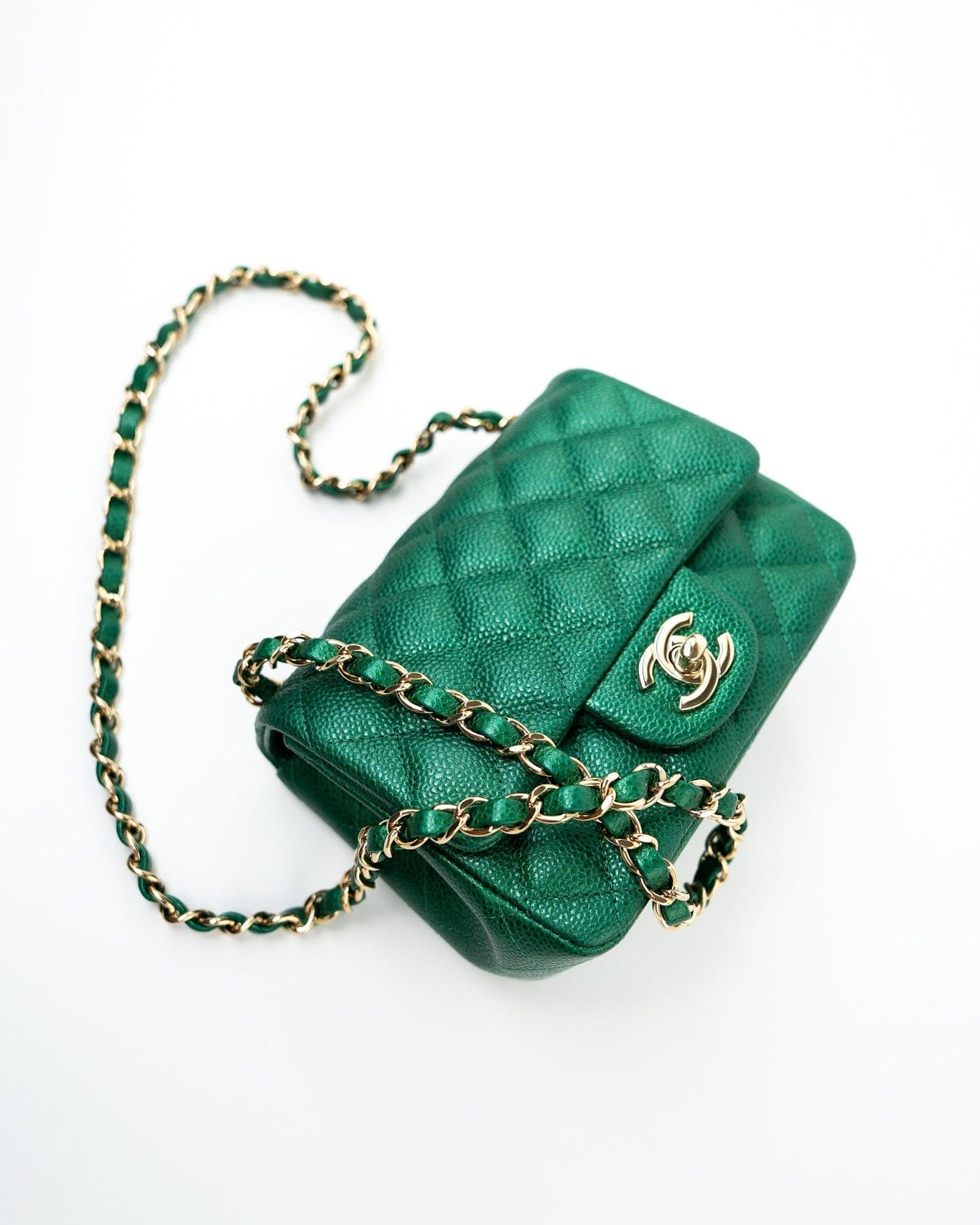 CHANEL Handbag 18S Emerald Green Caviar Quilted Mini Square Light Gold Hardware - Redeluxe