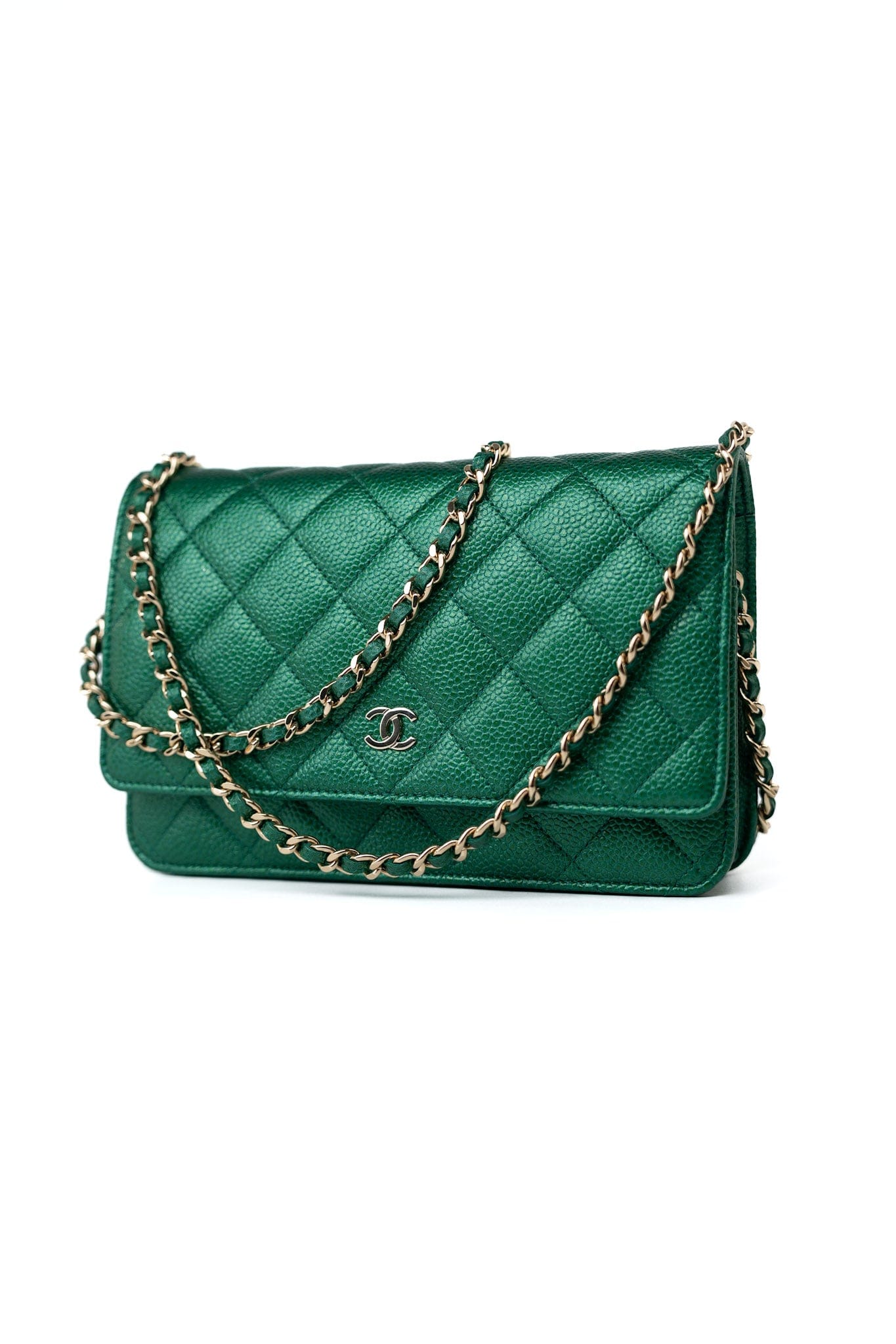 18S Emerald Green Caviar Quilted Wallet on Chain WOC REDELUXE