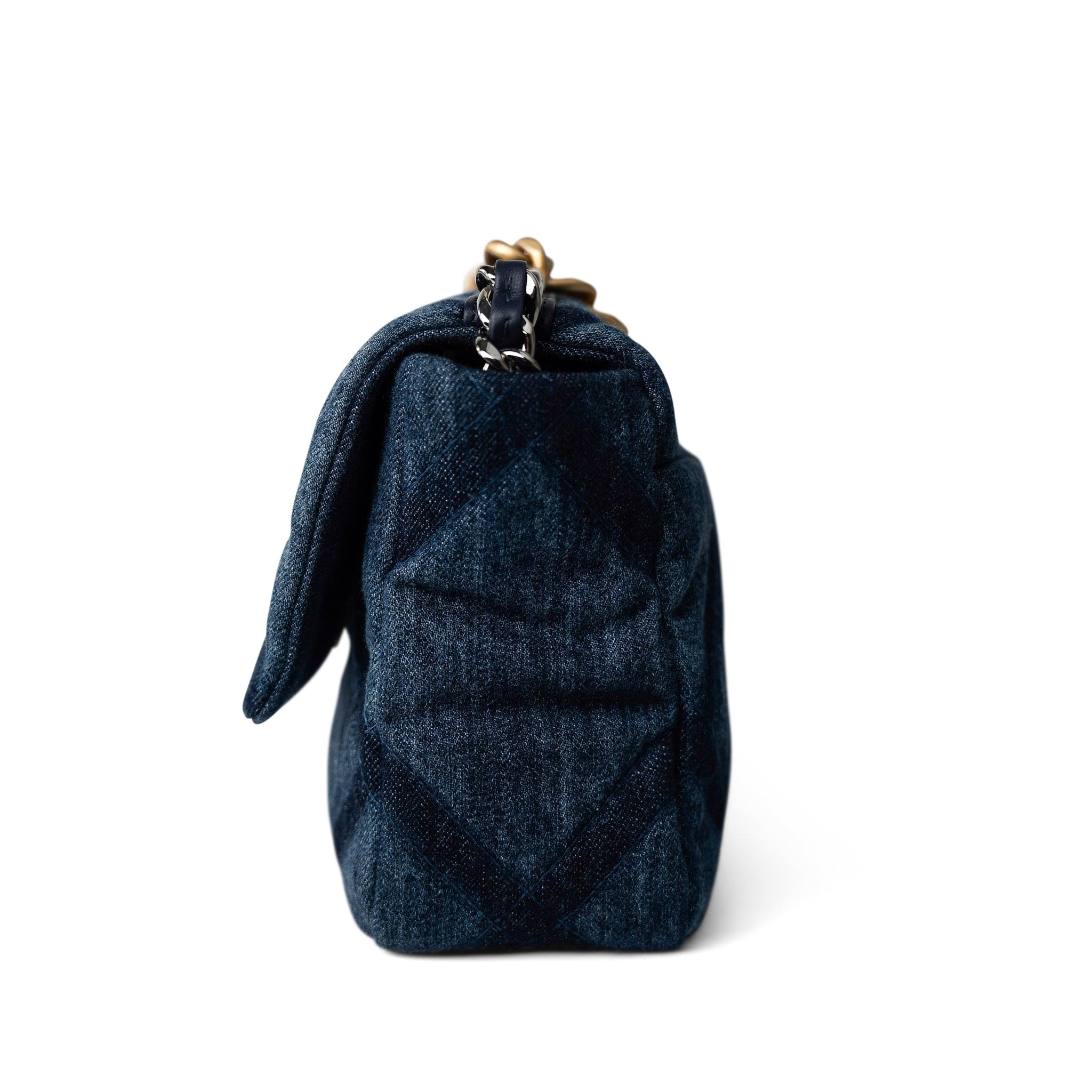 CHANEL Handbag 19 / Blue Denim Quilted 19 Flap Small Antique Gold Hardware - Redeluxe