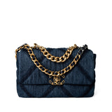 CHANEL Handbag 19 / Blue Denim Quilted 19 Flap Small Antique Gold Hardware - Redeluxe