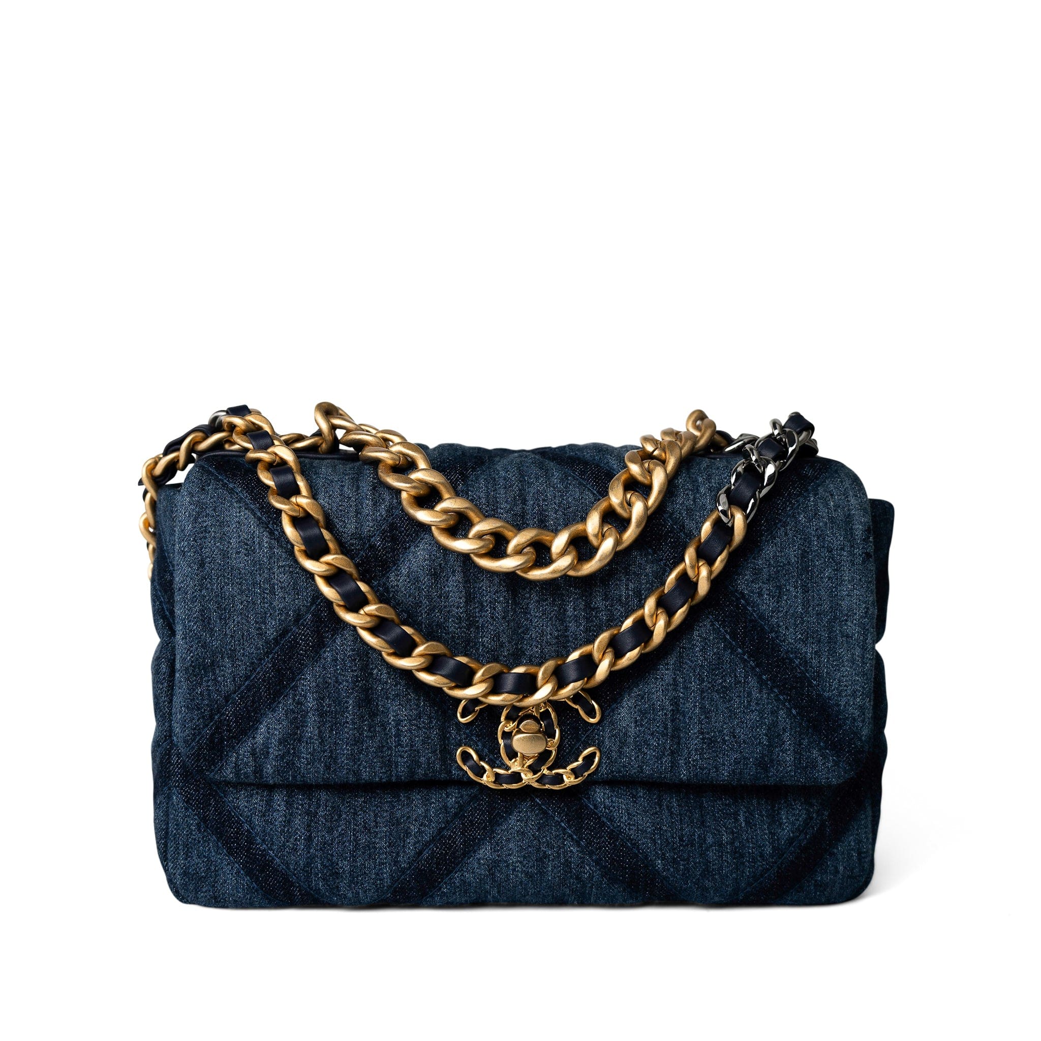 CHANEL Handbag 19 / Blue Denim Quilted 19 Flap Small Antique Gold Hardware - Redeluxe