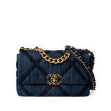 CHANEL Handbag 19 / Blue Denim Quilted 19 Flap Small Antique Gold Hardware - Redeluxe
