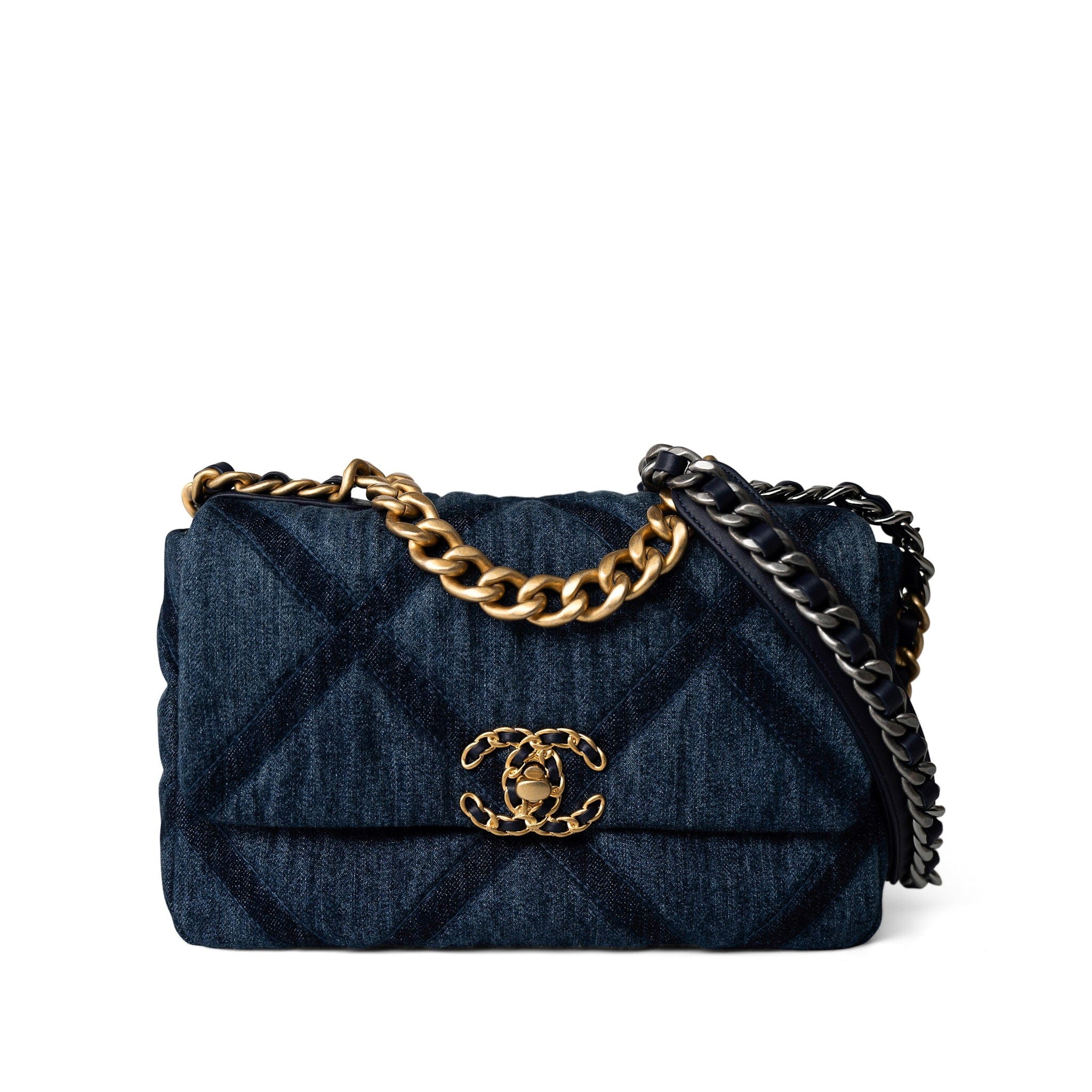 CHANEL Handbag 19 / Blue Denim Quilted 19 Flap Small Antique Gold Hardware - Redeluxe