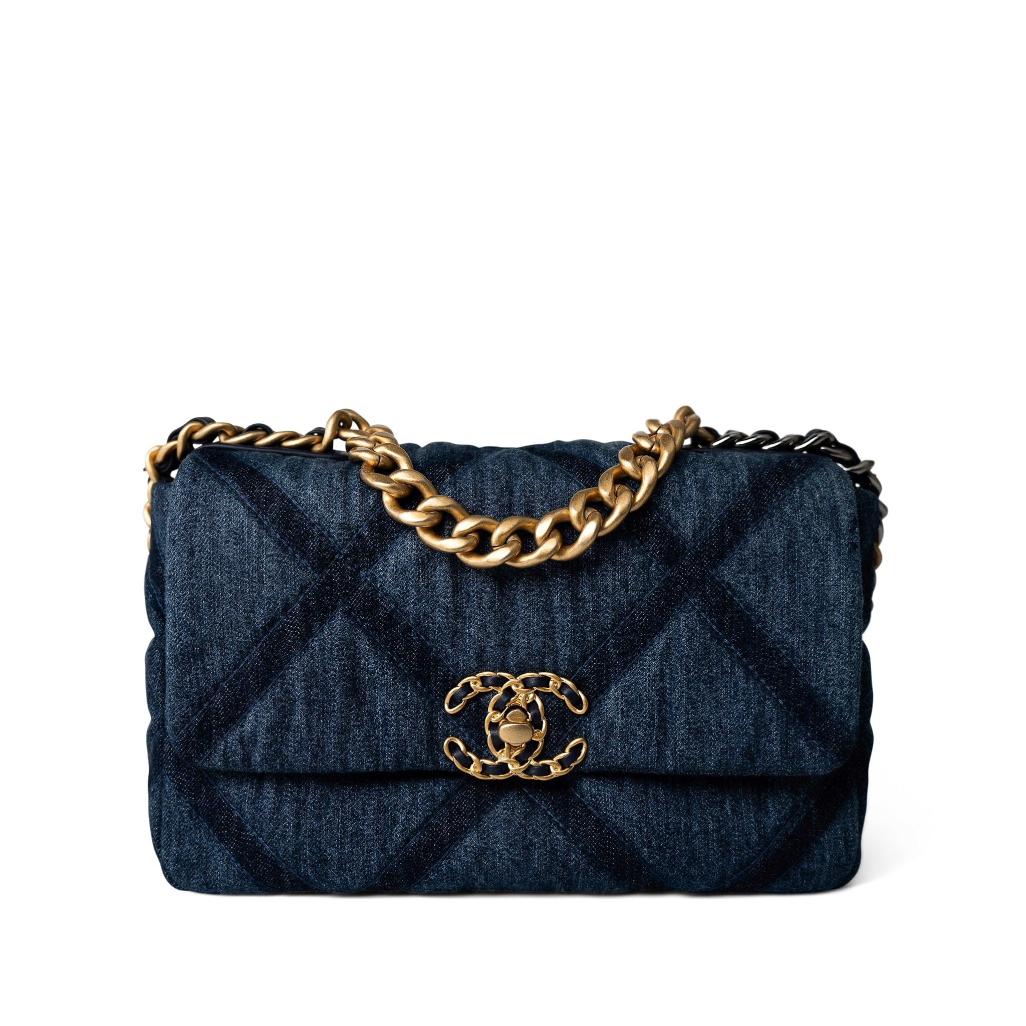CHANEL Handbag 19 / Blue Denim Quilted 19 Flap Small Antique Gold Hardware - Redeluxe