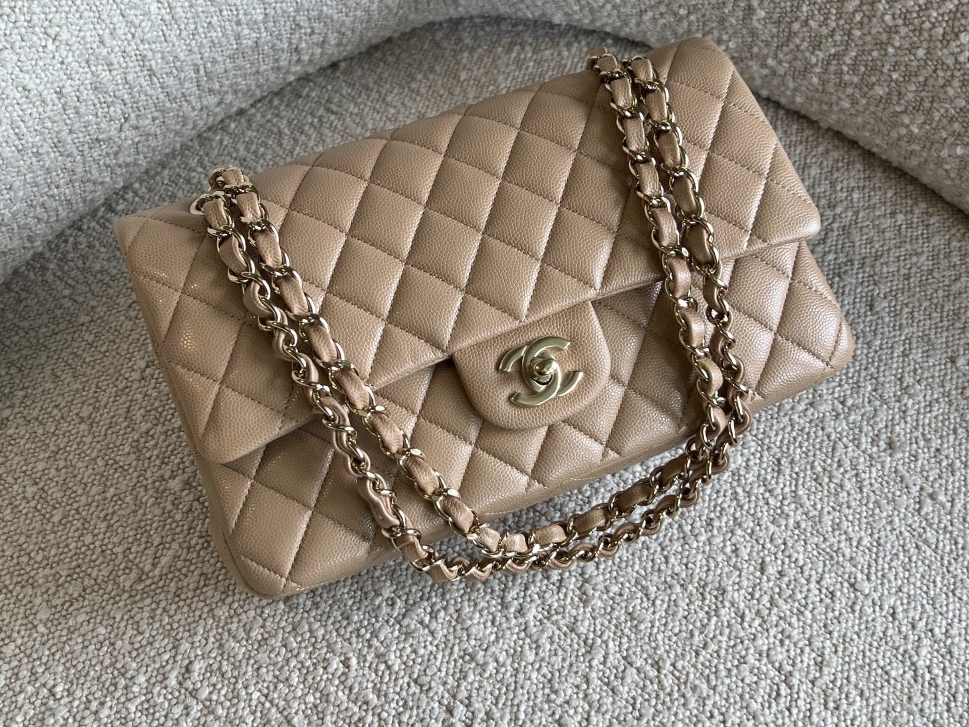 CHANEL Handbag 19B Dark Beige Caviar Quilted Classic Flap Medium LGHW - Redeluxe
