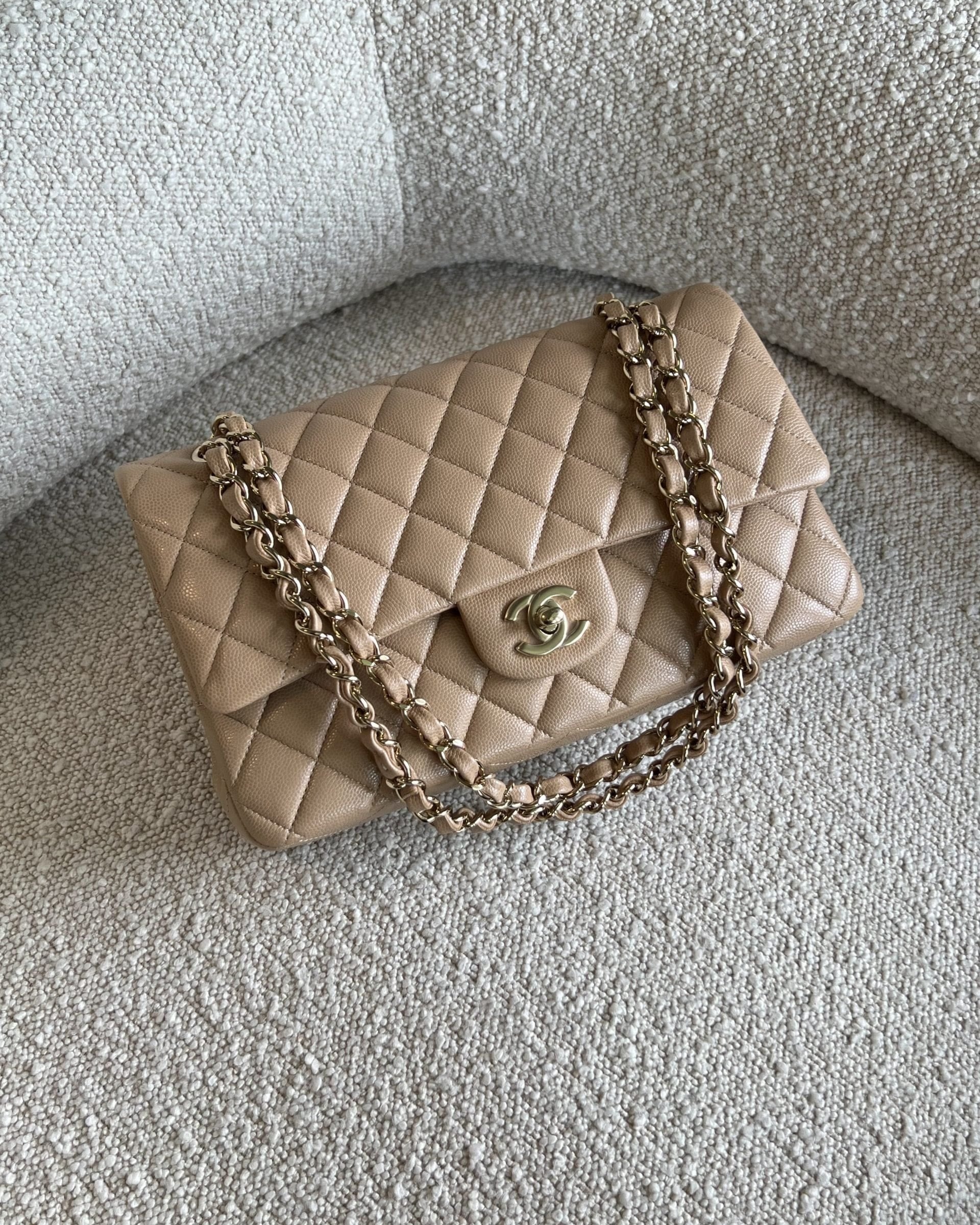 CHANEL Handbag 19B Dark Beige Caviar Quilted Classic Flap Medium LGHW - Redeluxe