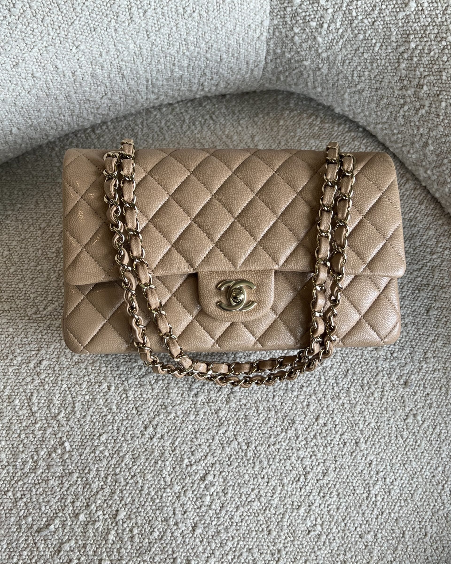 CHANEL Handbag 19B Dark Beige Caviar Quilted Classic Flap Medium LGHW - Redeluxe