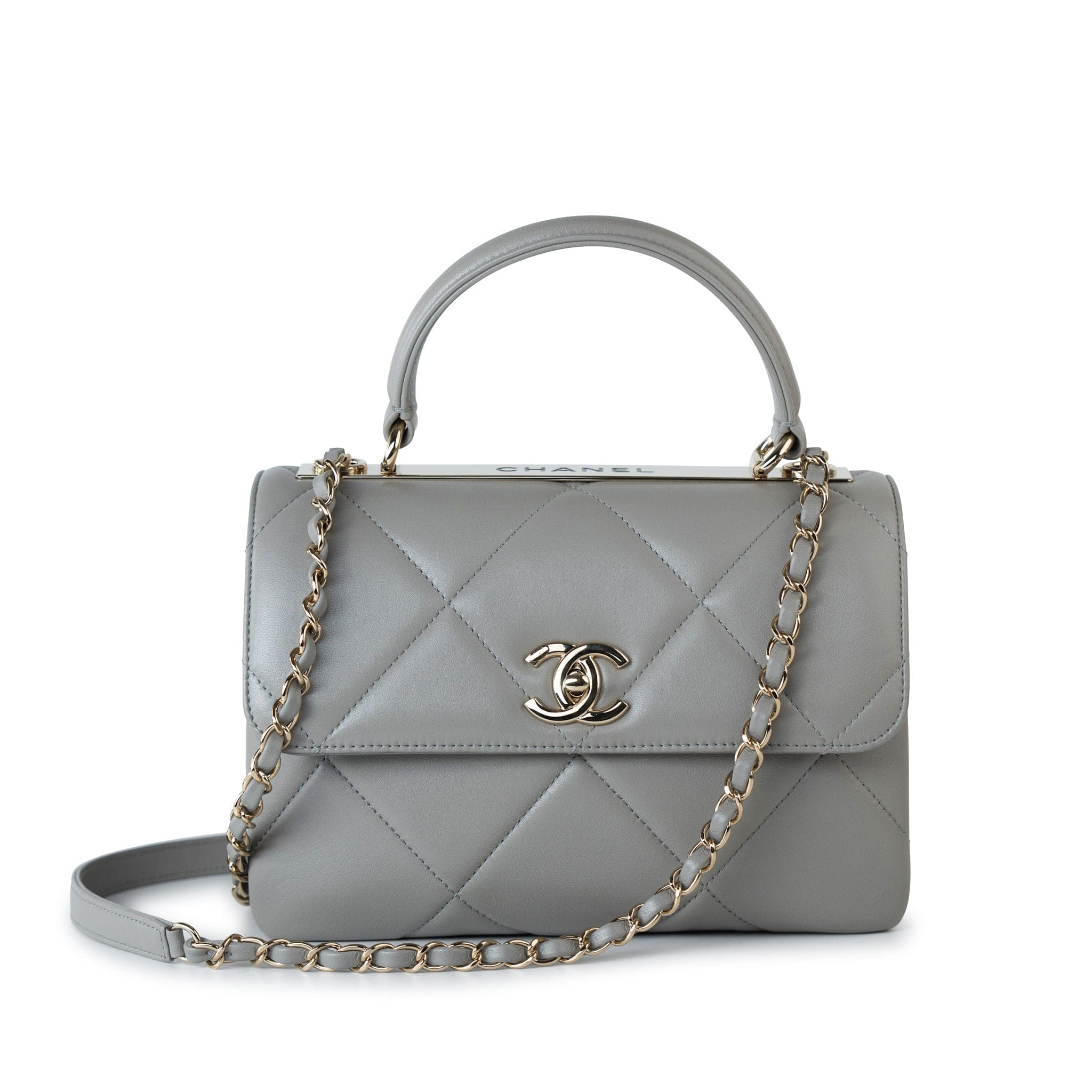 CHANEL Handbag 19B Grey Lambskin Quilted Trendy CC Light Gold Hardware - Redeluxe