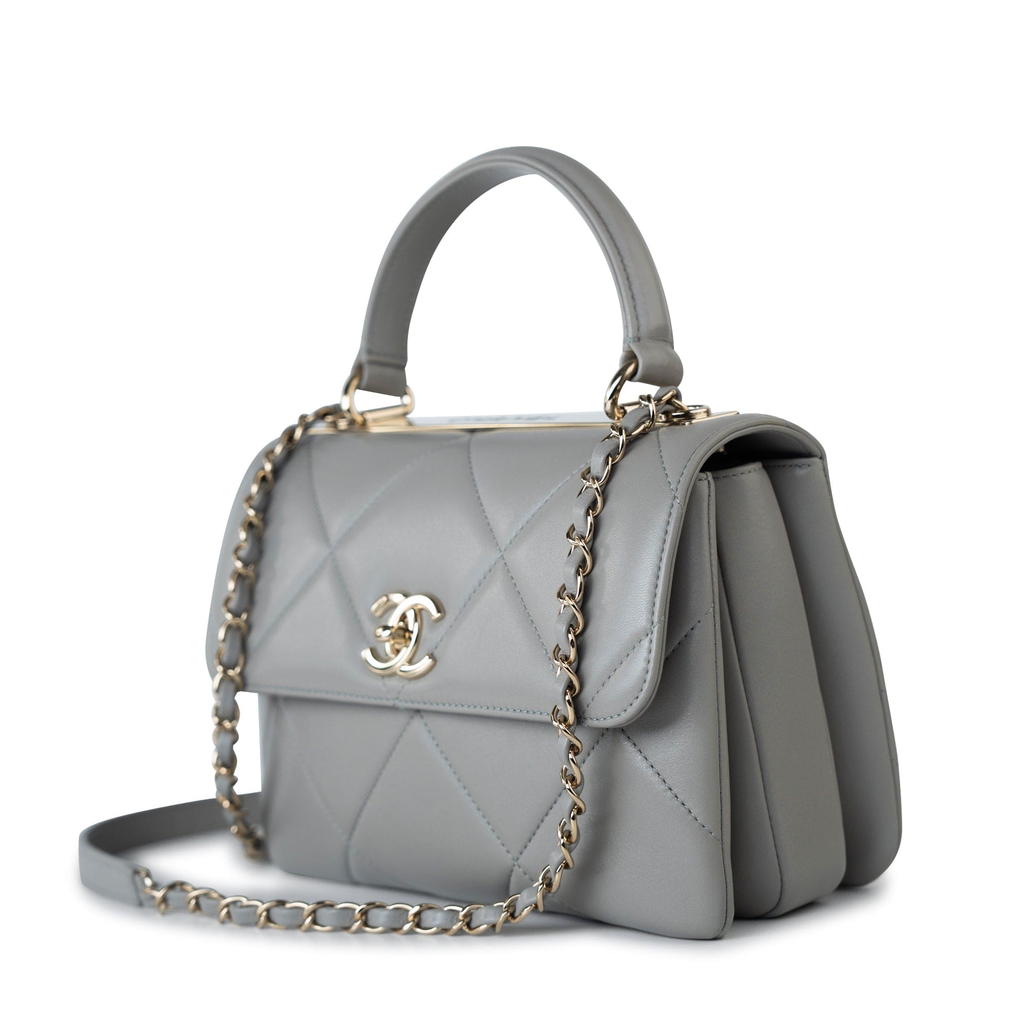 CHANEL Handbag 19B Grey Lambskin Quilted Trendy CC Light Gold Hardware - Redeluxe