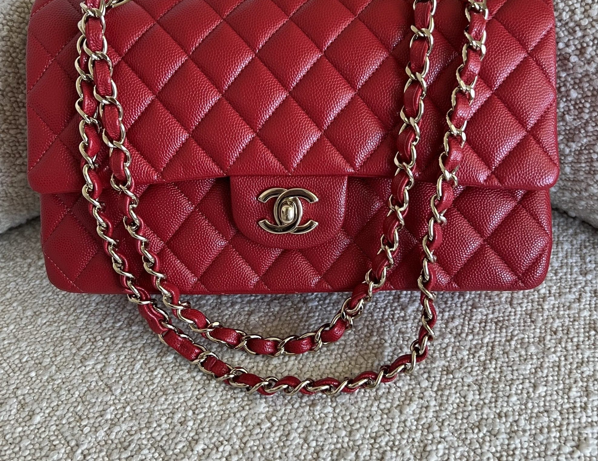CHANEL Handbag 19B Red Caviar Quilted Classic Flap Medium SHW - Redeluxe