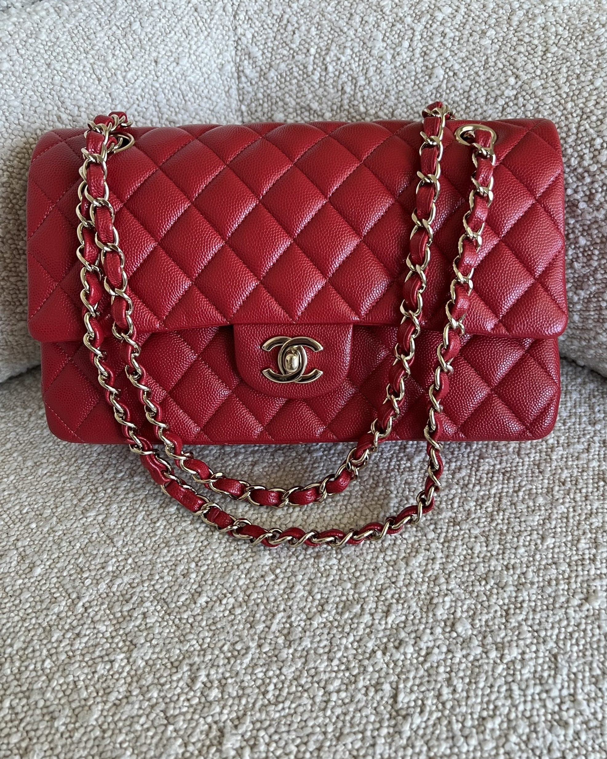 CHANEL Handbag 19B Red Caviar Quilted Classic Flap Medium SHW - Redeluxe